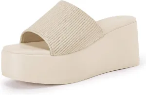 Coutgo Womens Platform Slides Sandals Square Open Toe Slip On Elastic Band Casual Lightweight Wedge Shoes