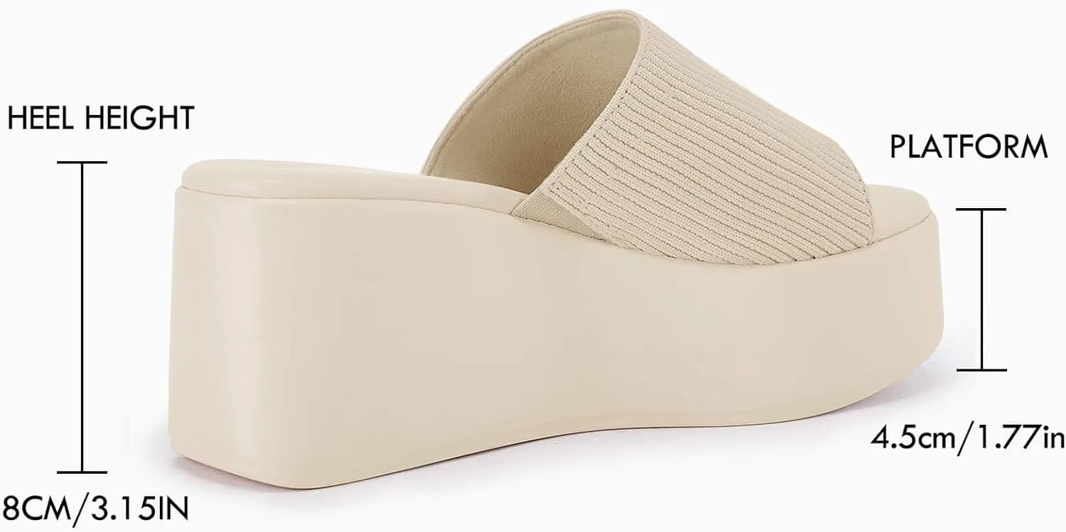 Coutgo Womens Platform Slides Sandals Square Open Toe Slip On Elastic Band Casual Lightweight Wedge Shoes