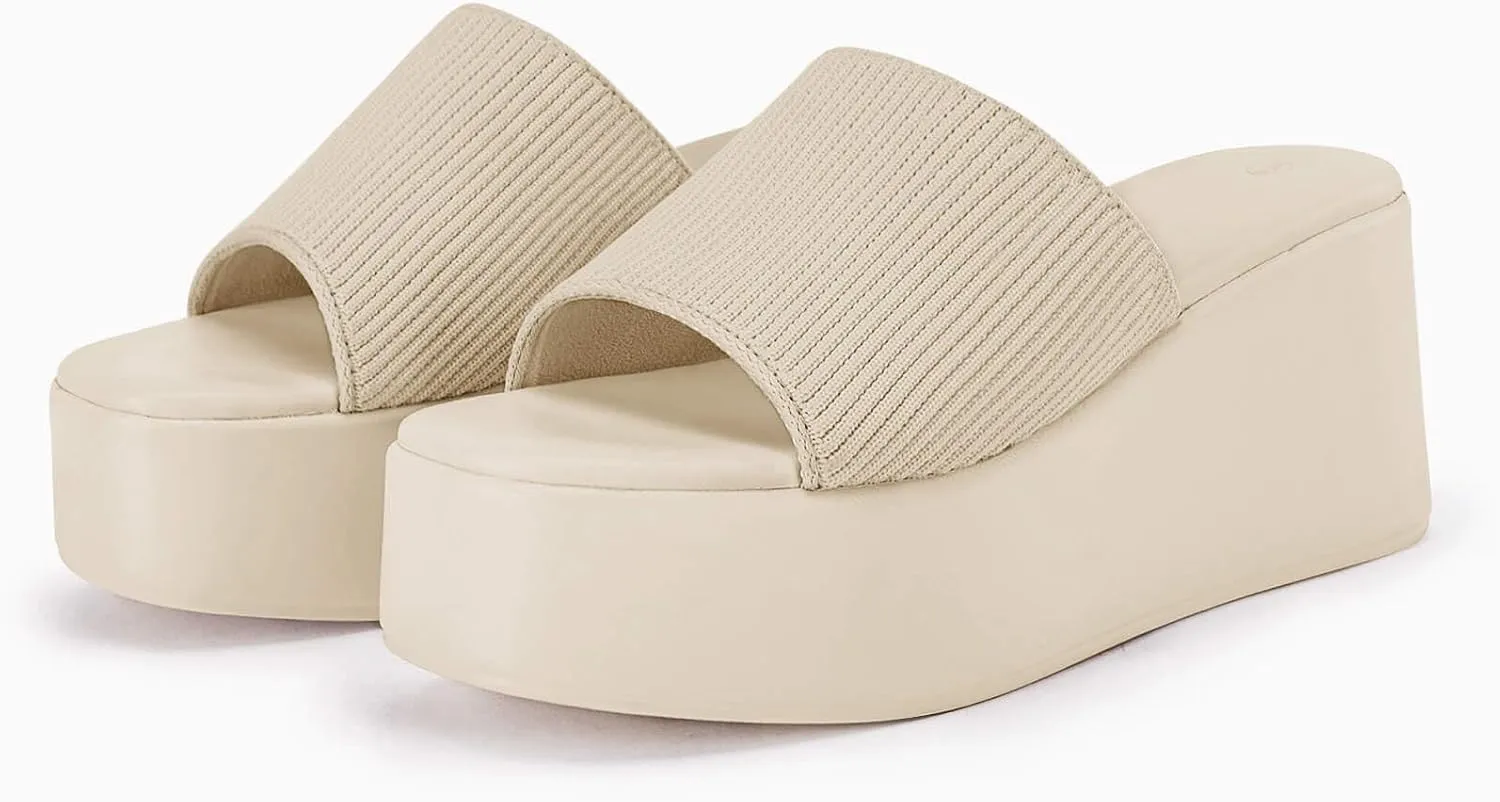 Coutgo Womens Platform Slides Sandals Square Open Toe Slip On Elastic Band Casual Lightweight Wedge Shoes