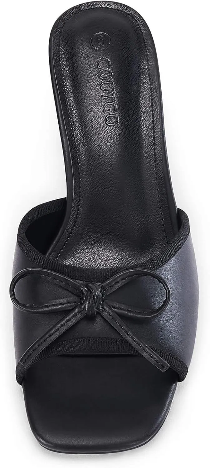 Coutgo Womens Square Open Toe Heels Mules Bow Stiletto Heel Backless Slip On Slide Sandals