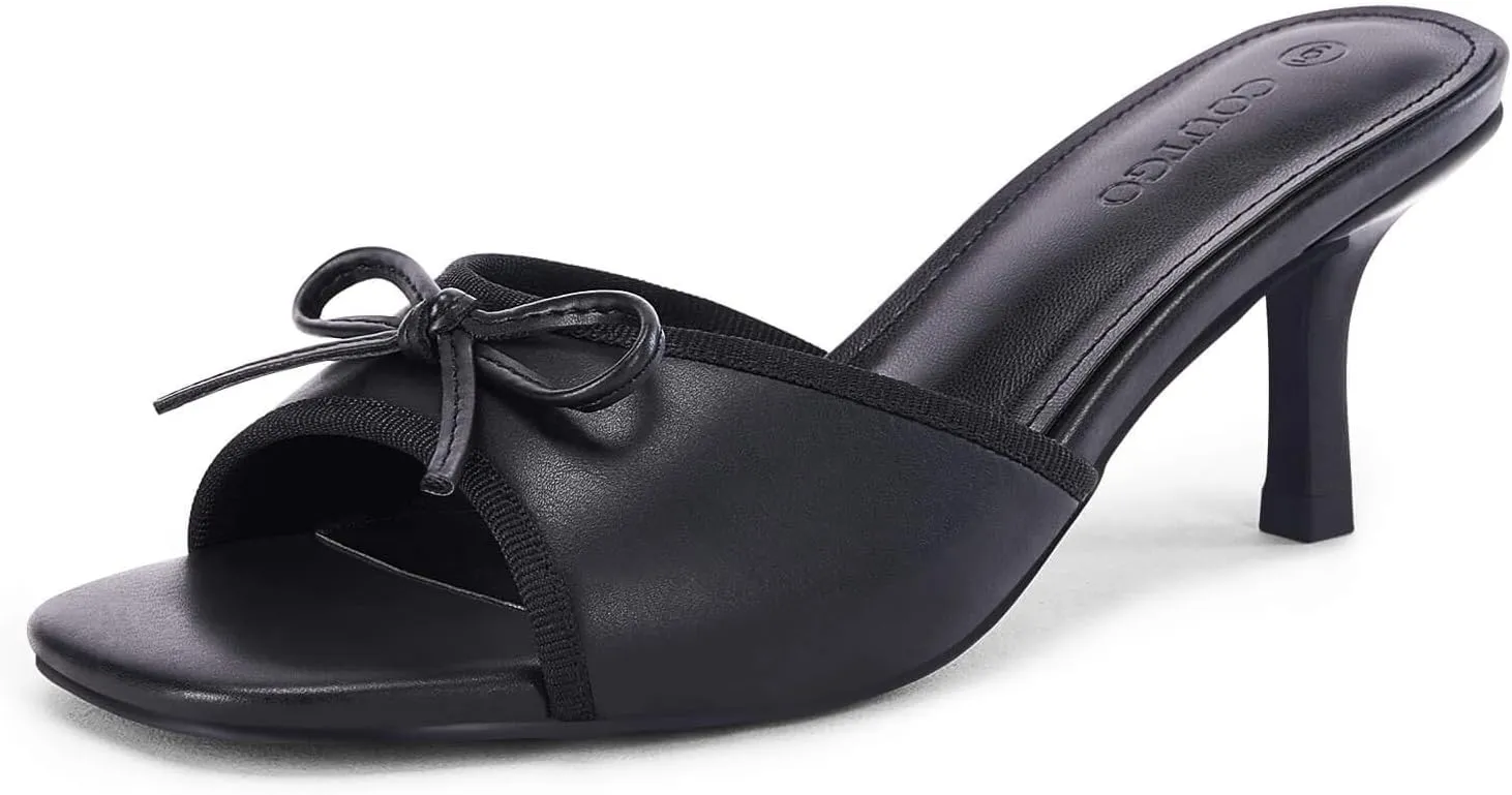 Coutgo Womens Square Open Toe Heels Mules Bow Stiletto Heel Backless Slip On Slide Sandals