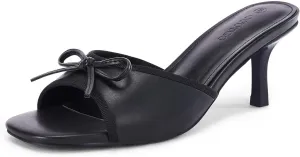 Coutgo Womens Square Open Toe Heels Mules Bow Stiletto Heel Backless Slip On Slide Sandals