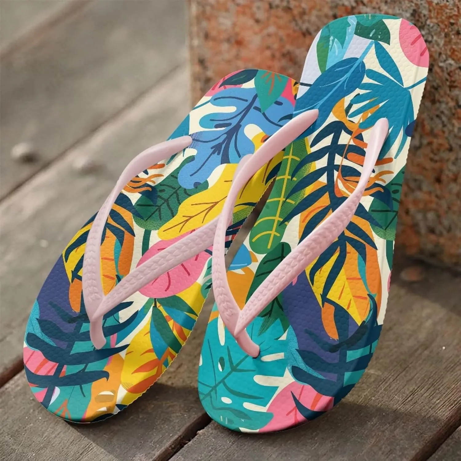 Creative Tropical Floral Print Women Flip Flops Lightweight Shower Slippers Stylish Casual Beach Sandals Summer Vacation
