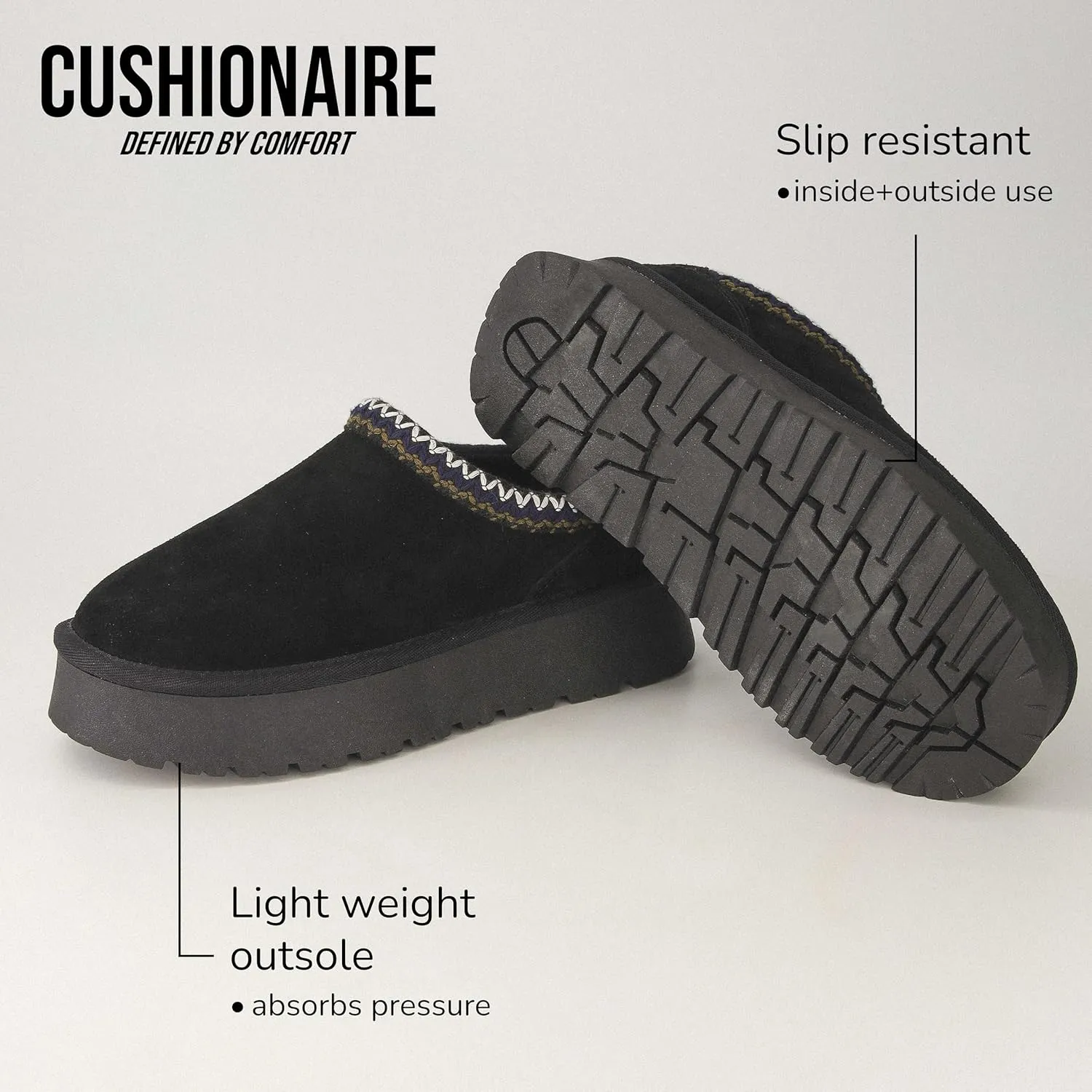 CUSHIONAIRE Kabuki Platform Boots Genuine Suede Fuzzy Mule Slippers for Women with Memory Foam | Indoor/Outdoor Womens Slippers | Wide Widths Available