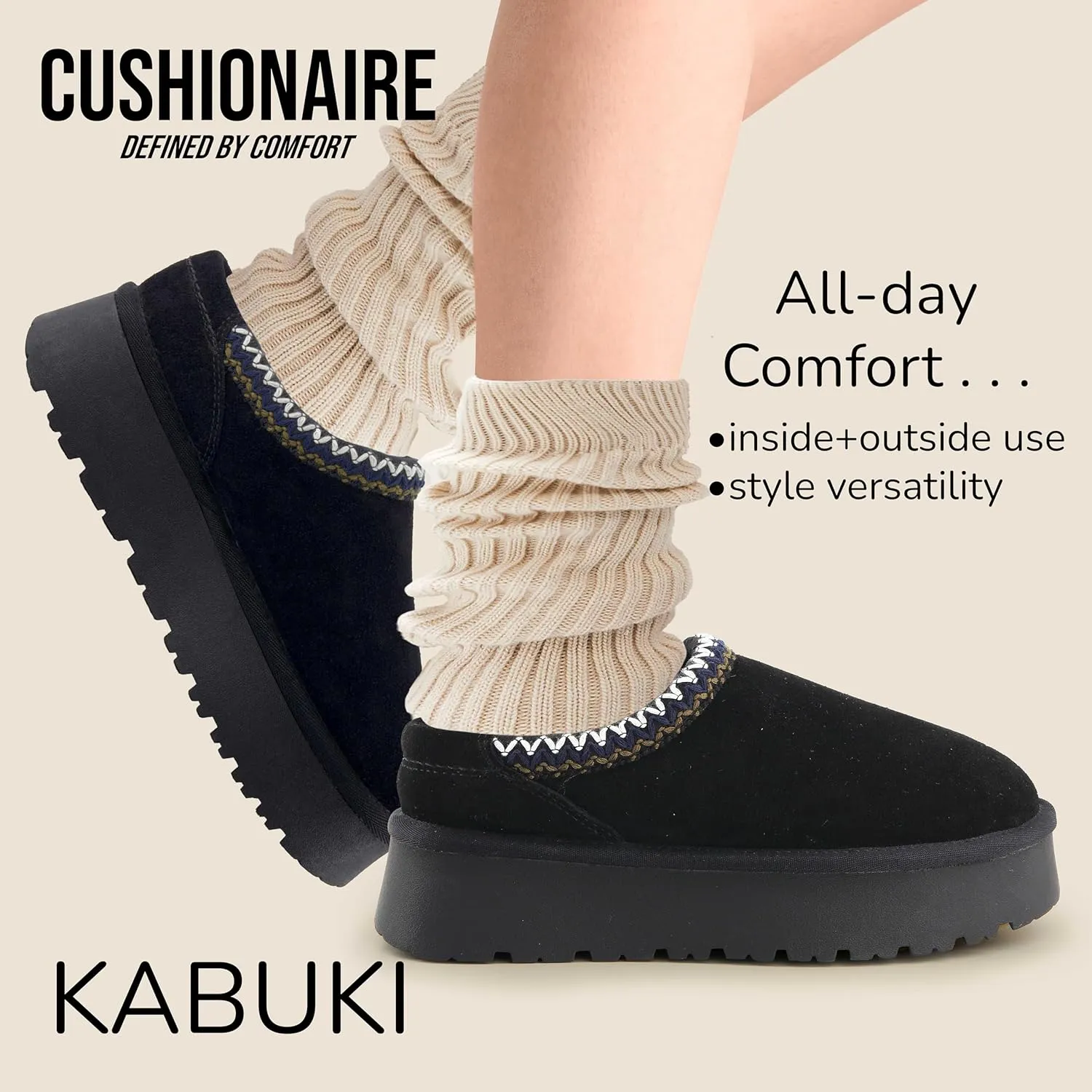 CUSHIONAIRE Kabuki Platform Boots Genuine Suede Fuzzy Mule Slippers for Women with Memory Foam | Indoor/Outdoor Womens Slippers | Wide Widths Available