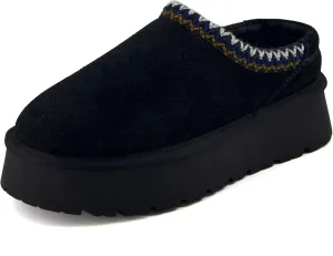 CUSHIONAIRE Kabuki Platform Boots Genuine Suede Fuzzy Mule Slippers for Women with Memory Foam | Indoor/Outdoor Womens Slippers | Wide Widths Available