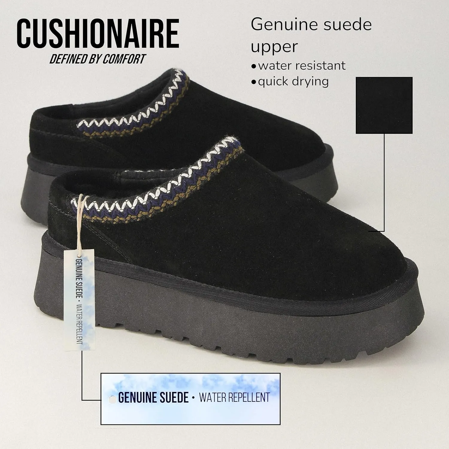 CUSHIONAIRE Kabuki Platform Boots Genuine Suede Fuzzy Mule Slippers for Women with Memory Foam | Indoor/Outdoor Womens Slippers | Wide Widths Available