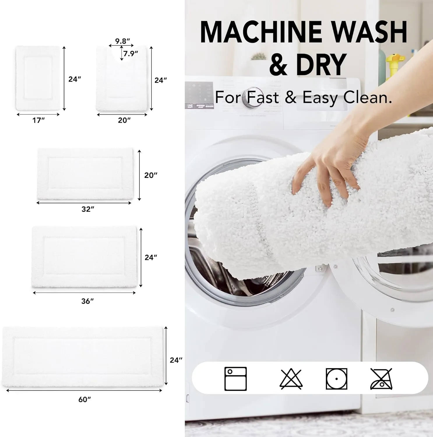 Deconovo Non-Slip Bath Mat - Ultra Soft, Quick Dry, Super Absorbent, Machine Washable, Premium Plush Rug for Bathroom & Shower - 24x17 Inch,Pure White