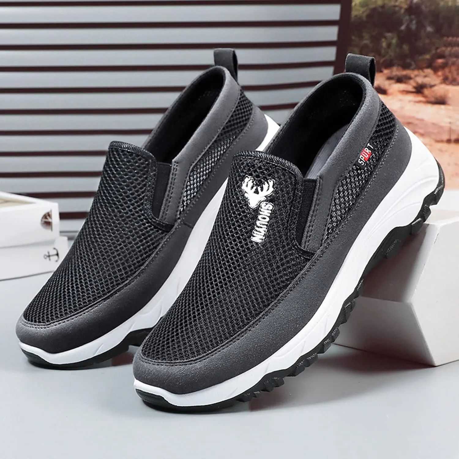 DirraBra Men's Slip-On Mesh Orthopedic Sneakers Walking Shoes,Sports Breathable Loafers Boat Shoes Casual Platform Comfy Non-Slip Hiking Working Shoes