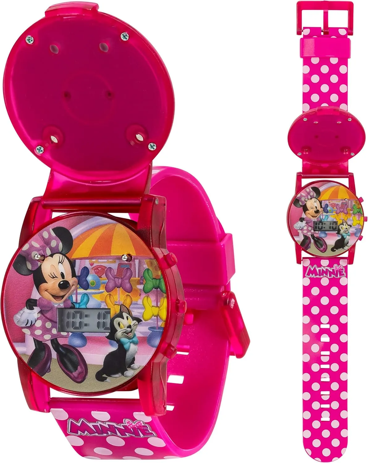 Disney Minnie Mouse Kids Flashing Musical Watch with Sound Effects, Colorful LED Lights, Interactive Flip Cover, Easy Digital Time Display, Adjustable Pink Polka Dot Strap, Fits Wrists 5.5" to 8"