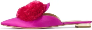 Divanne Mules for Women, Puff Pompom-Embellished Slip On Loafers Backless Pointed Toe Satin Mule Slides