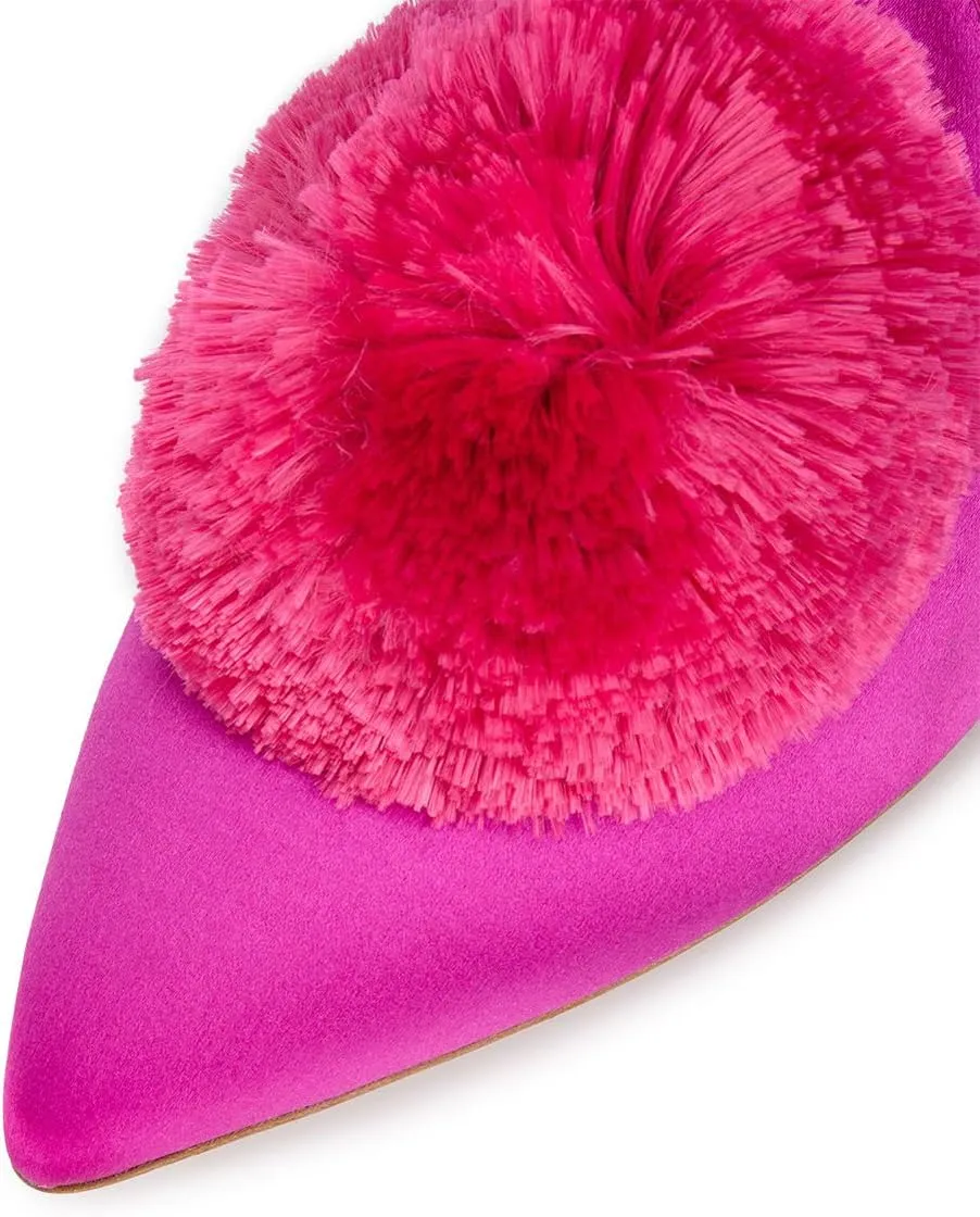 Divanne Mules for Women, Puff Pompom-Embellished Slip On Loafers Backless Pointed Toe Satin Mule Slides
