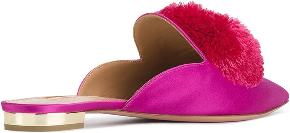 Divanne Mules for Women, Puff Pompom-Embellished Slip On Loafers Backless Pointed Toe Satin Mule Slides
