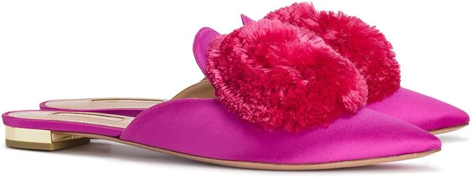 Divanne Mules for Women, Puff Pompom-Embellished Slip On Loafers Backless Pointed Toe Satin Mule Slides