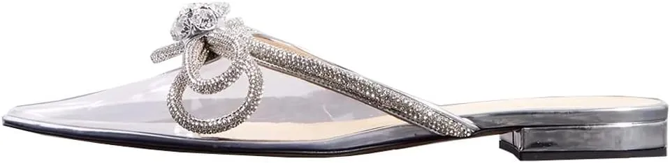 Divanne Women's Flat Mules, Pointed Toe Backless Loafer Shoes Rhinestone Bowknot Slip on Mule Slides