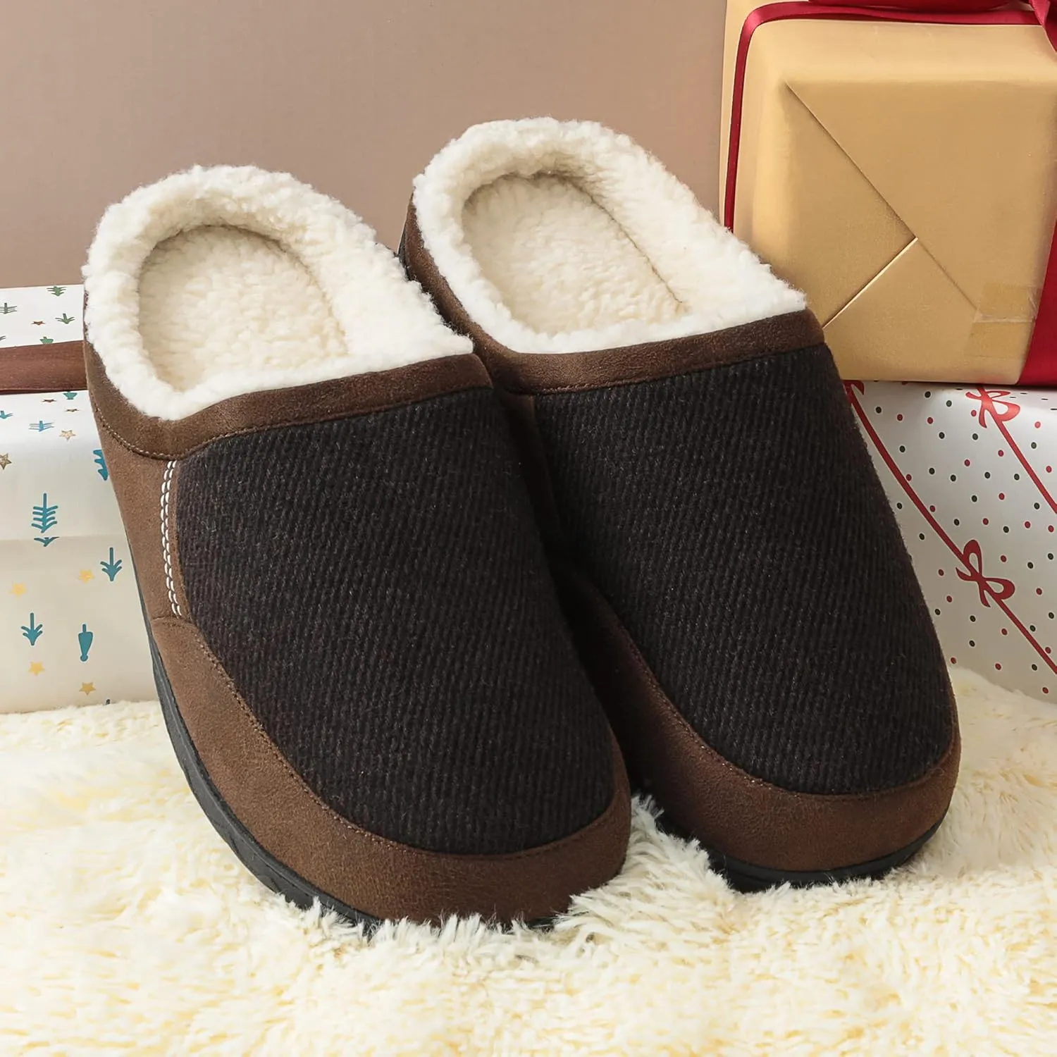 DREAM PAIRS Men's Cozy Memory Foam Slippers with Fuzzy Wool-Like Lining, Slip-on Washable Indoor Outdoor House Shoes