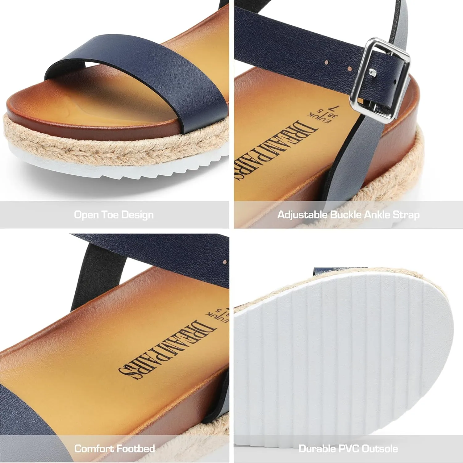 DREAM PAIRS Women’s Open Toe Ankle Strap Espadrille Casual Flatform Platform Wedge Sandals