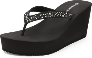 DREAM PAIRS Women's Platform Flip Flop Rhinestones Arch Support Comfortable Soft Cushion Wedge Flip Flops Summer Thong Sandals