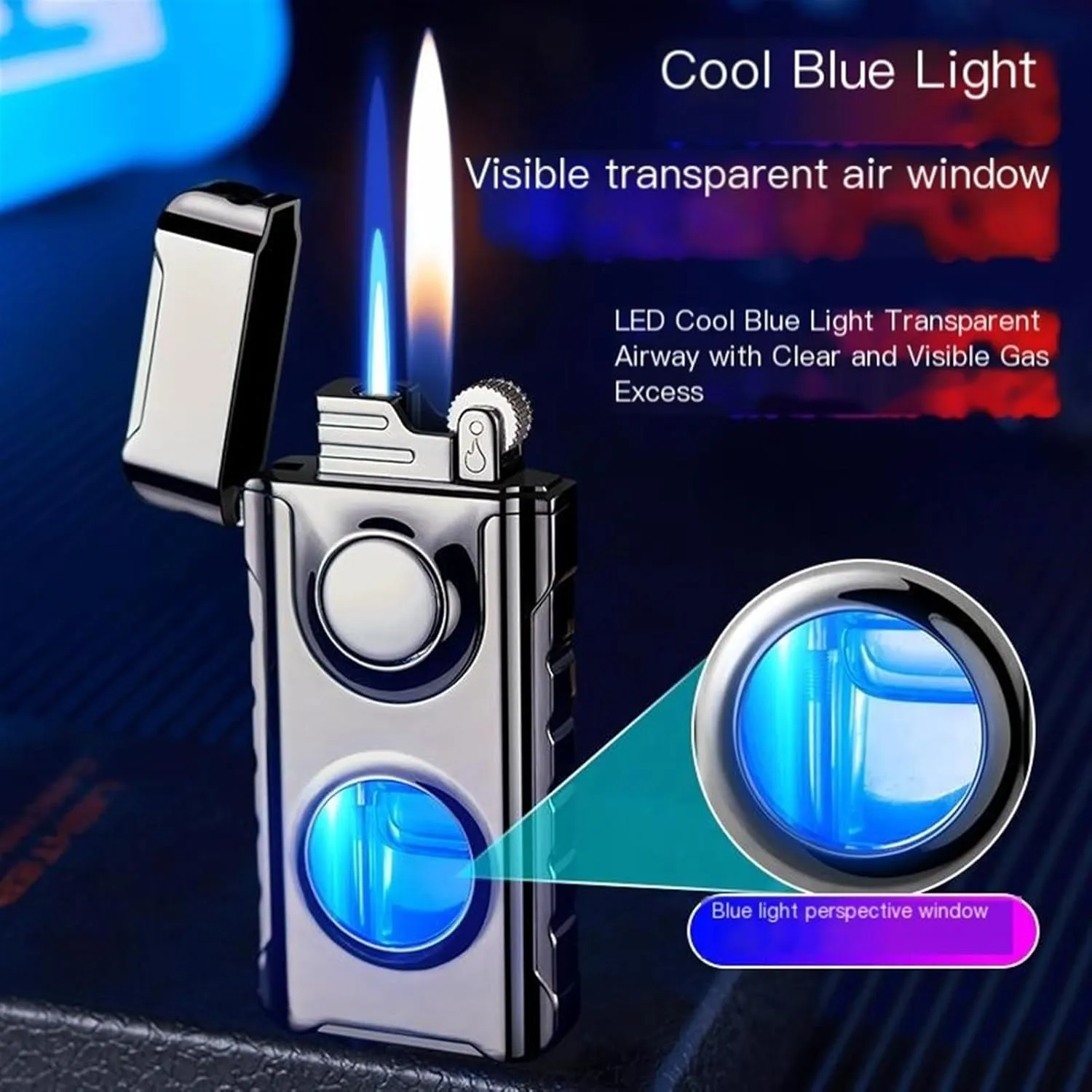 Dual Flame Lighter, Windproof Refillable Butane Lighter, Adjustable Soft Flame and Jet Flame, Transparent Fuel Canister, Suitable for Camping, Collection, Outdoor, Gifts for Men and Women(D)