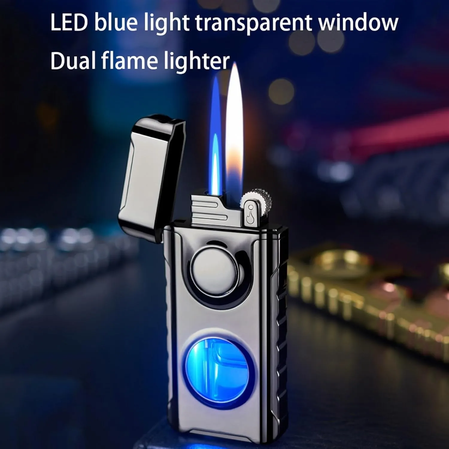 Dual Flame Lighter, Windproof Refillable Butane Lighter, Adjustable Soft Flame and Jet Flame, Transparent Fuel Canister, Suitable for Camping, Collection, Outdoor, Gifts for Men and Women(D)