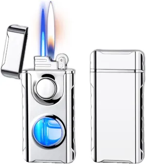 Dual Flame Lighter, Windproof Refillable Butane Lighter, Adjustable Soft Flame and Jet Flame, Transparent Fuel Canister, Suitable for Camping, Collection, Outdoor, Gifts for Men and Women(D)