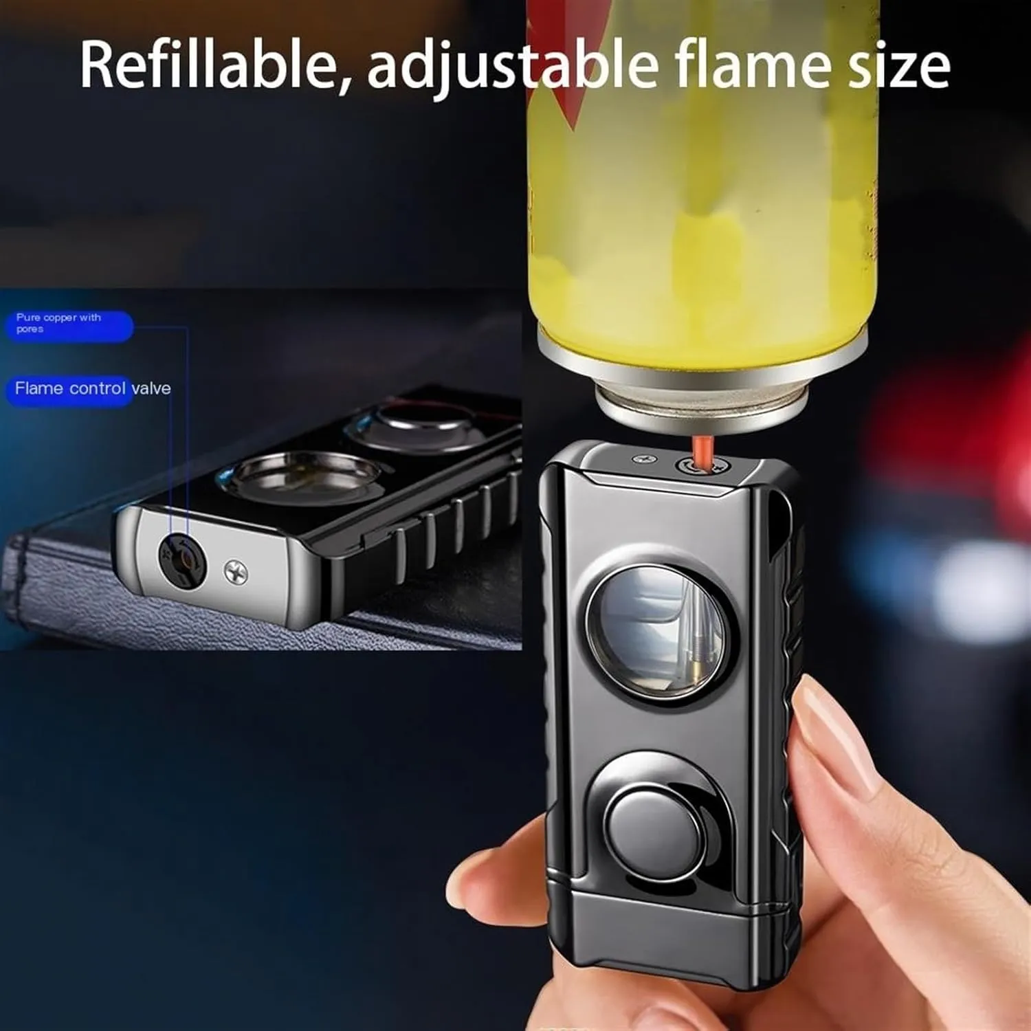 Dual Flame Lighter, Windproof Refillable Butane Lighter, Adjustable Soft Flame and Jet Flame, Transparent Fuel Canister, Suitable for Camping, Collection, Outdoor, Gifts for Men and Women(D)