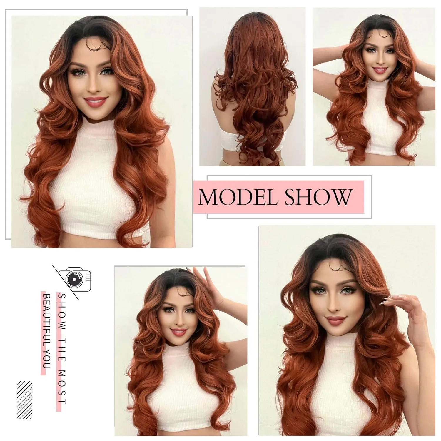 Ebingoo  Wig Cap 26 Inch Omber Copper Red Lace Front Wig with Dark Roots Long Copper Red Wigs with Baby Hair Synthetic Hair for Women Girls Daily Wear