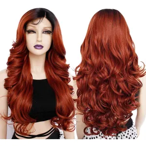 Ebingoo  Wig Cap 26 Inch Omber Copper Red Lace Front Wig with Dark Roots Long Copper Red Wigs with Baby Hair Synthetic Hair for Women Girls Daily Wear