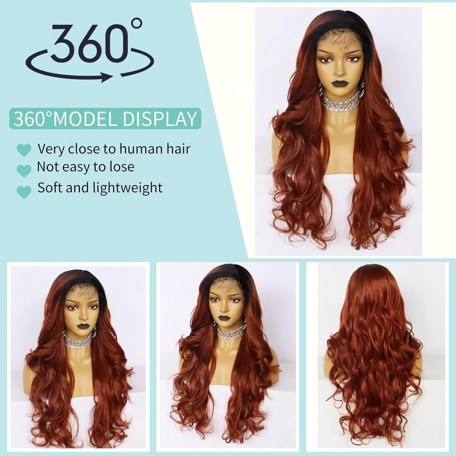 Ebingoo  Wig Cap 26 Inch Omber Copper Red Lace Front Wig with Dark Roots Long Copper Red Wigs with Baby Hair Synthetic Hair for Women Girls Daily Wear