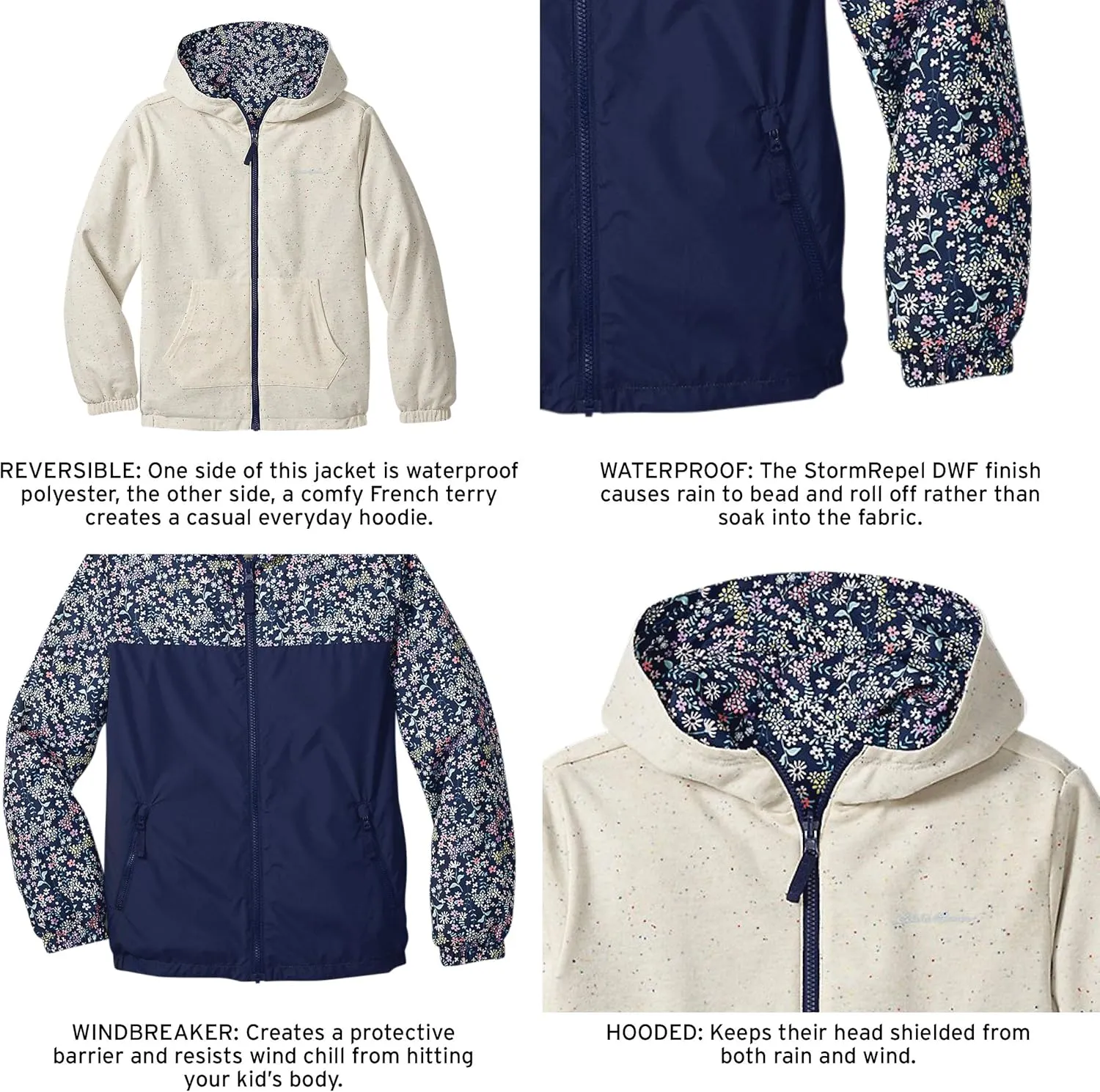 Eddie Bauer Kids Rain Jacket - 2 Pack Reversible Girls and Boys Windbreaker Jacket with Hood - Waterproof Raincoat for Kids