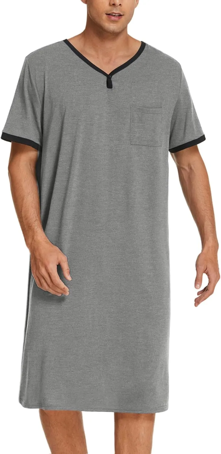 Ekouaer Men's Nightshirt Nightwear Comfy Big&Tall Short Sleeve Henley Sleep Shirt
