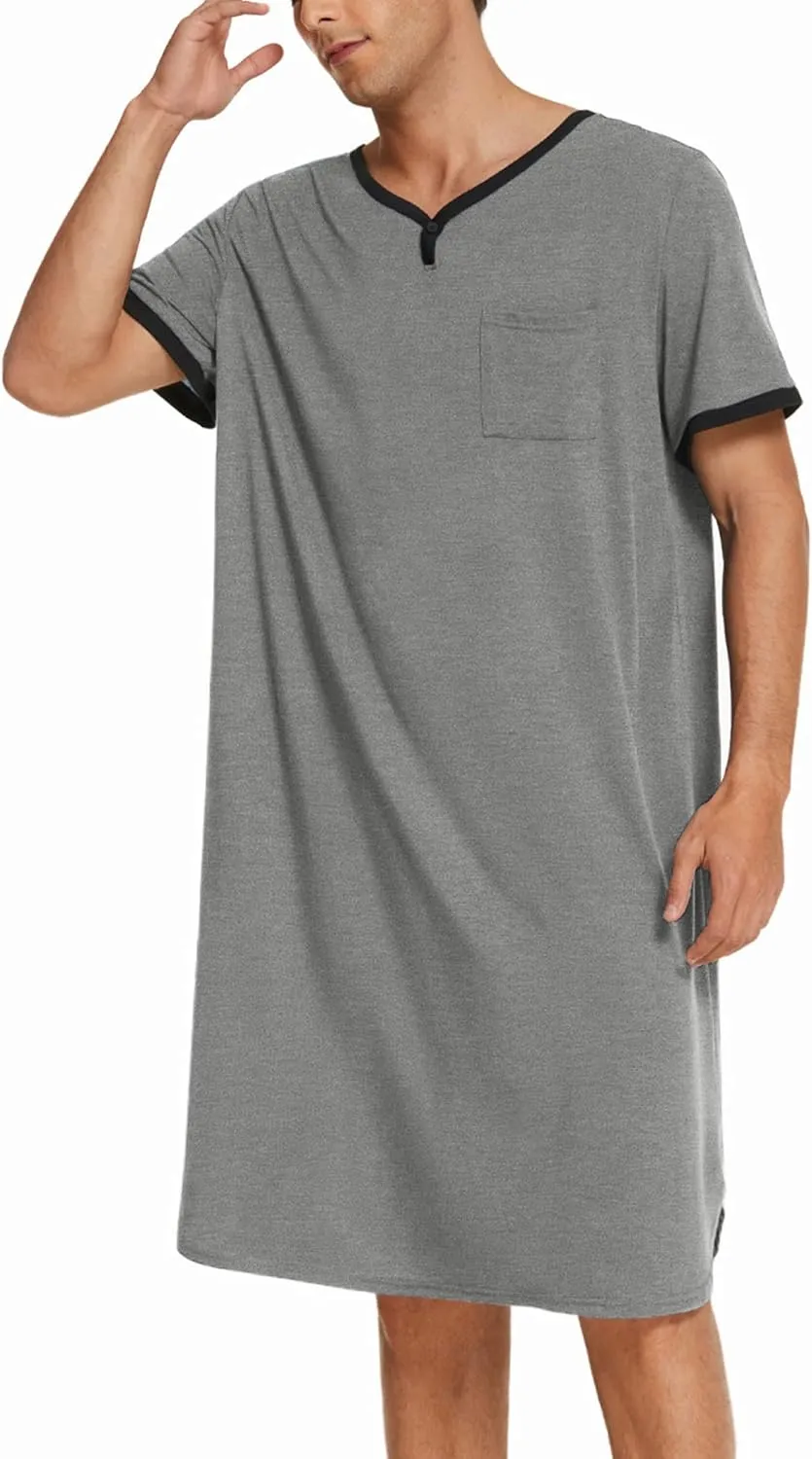 Ekouaer Men's Nightshirt Nightwear Comfy Big&Tall Short Sleeve Henley Sleep Shirt
