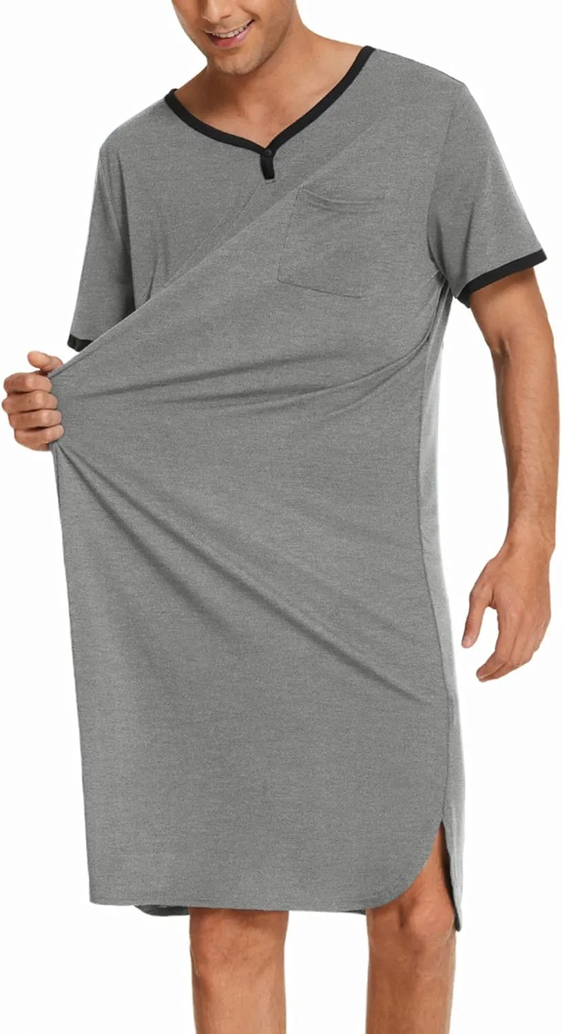 Ekouaer Men's Nightshirt Nightwear Comfy Big&Tall Short Sleeve Henley Sleep Shirt