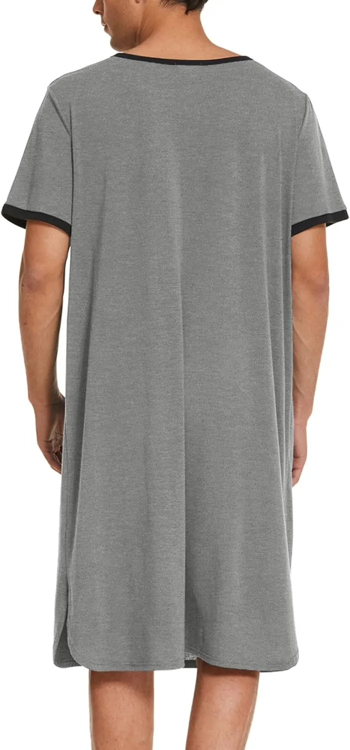 Ekouaer Men's Nightshirt Nightwear Comfy Big&Tall Short Sleeve Henley Sleep Shirt