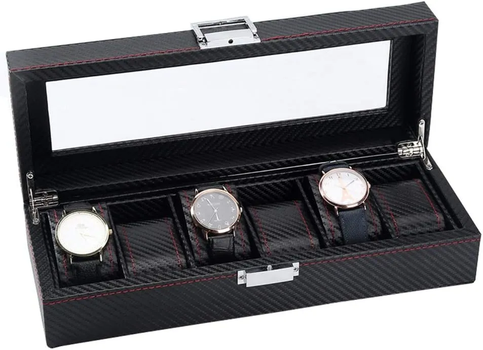 Elegant Large Watch Box Organizer for Men Women with 6 Slots, Transparent top, Portable Leather Watch Holder Mens Watches Case Storage Best Gift for The Husband, (Black,33 x 12 x 8cm)