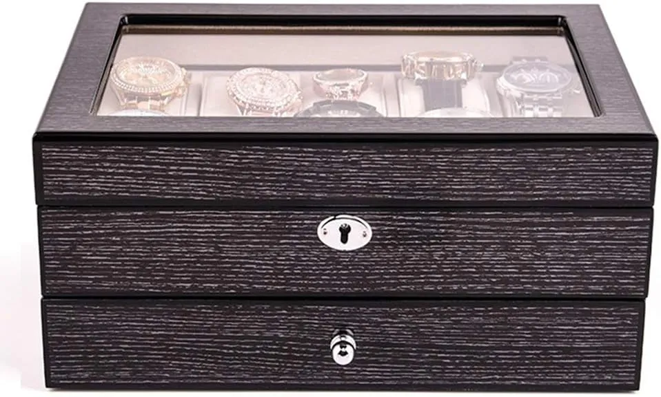 Elegant Large Wooden Watch Box Organizer for Men Women with 10 Slots, Transparent top, Portable Watch Holder Mens Watches Case Storage Best Gift for The Husband/Friend, 28x 20 x 13cm