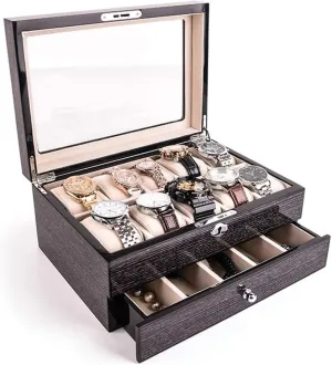 Elegant Large Wooden Watch Box Organizer for Men Women with 10 Slots, Transparent top, Portable Watch Holder Mens Watches Case Storage Best Gift for The Husband/Friend, 28x 20 x 13cm