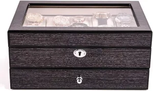 Elegant Large Wooden Watch Box Organizer for Men Women with 10 Slots, Transparent top, Portable Watch Holder Mens Watches Case Storage Best Gift for The Husband/Friend, 28x 20 x 13cm