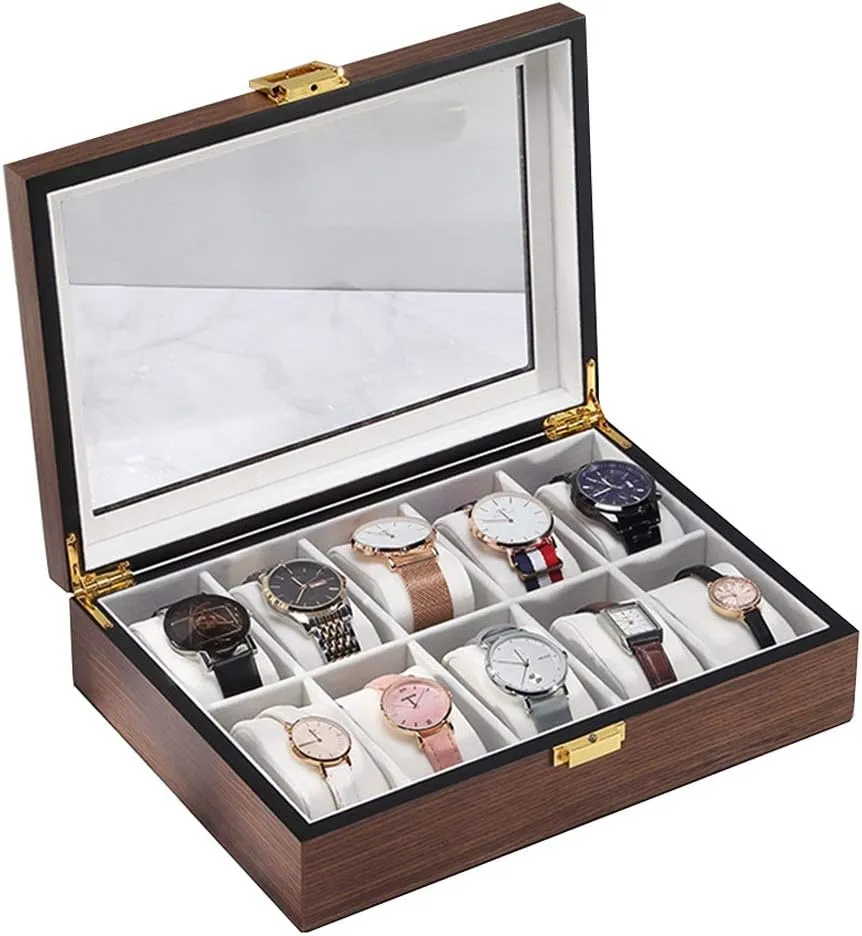 Elegant Large Wooden Watch Box Organizer for Men Women with 10 Slots, Transparent top, Portable Watch Holder Mens Watches Case Storage Best Gift for The Husband/Friend, 30 x 21 x 7cm