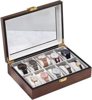 Elegant Large Wooden Watch Box Organizer for Men Women with 10 Slots, Transparent top, Portable Watch Holder Mens Watches Case Storage Best Gift for The Husband/Friend, 30 x 21 x 7cm