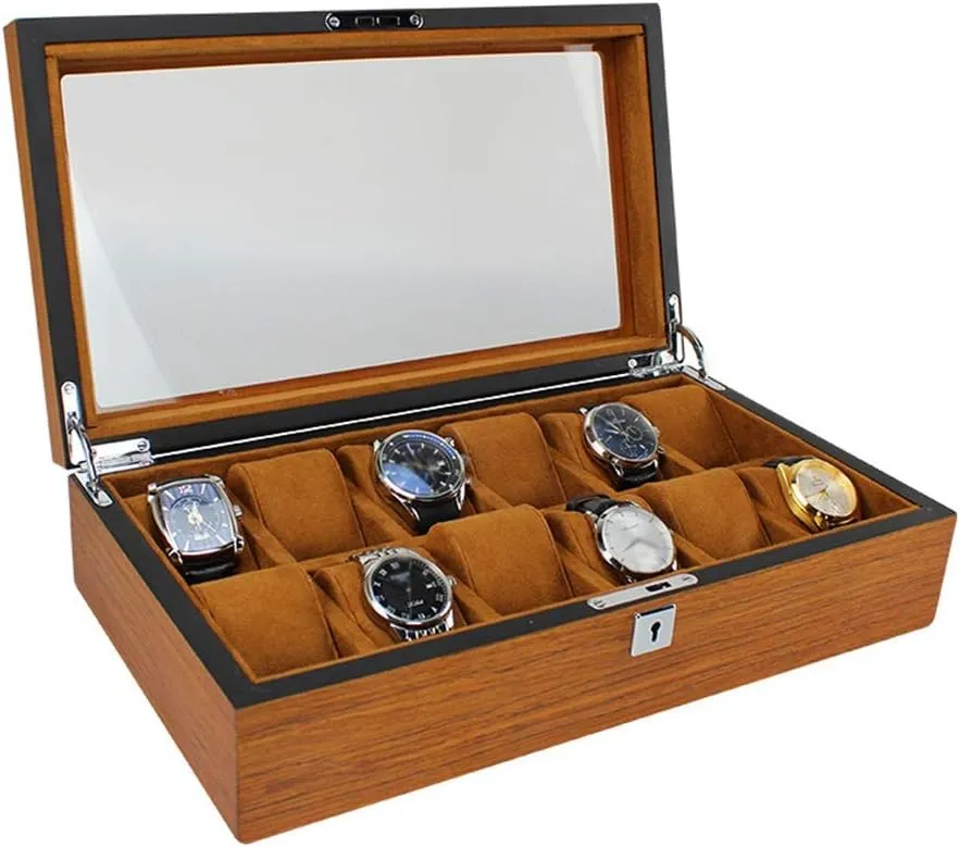 Elegant Large Wooden Watch Box Organizer for Men Women with 12 Slots, Transparent top, Portable Watch Holder Mens Watches Case Storage Best Gift for The Husband/Friend, 37x 21 x 9cm