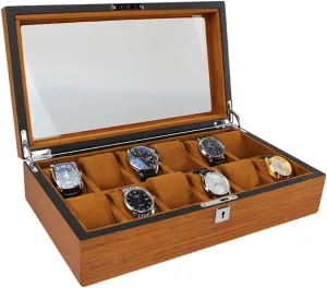 Elegant Large Wooden Watch Box Organizer for Men Women with 12 Slots, Transparent top, Portable Watch Holder Mens Watches Case Storage Best Gift for The Husband/Friend, 37x 21 x 9cm