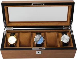 Elegant Large Wooden Watch Box Organizer for Men Women with 5 Slots, Transparent top, Portable Watch Holder Mens Watches Case Storage Best Gift for The Husband/Friend, 31x 12 x 9cm