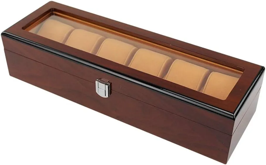 Elegant Large Wooden Watch Box Organizer for Men Women with 6 Slots, Transparent top, Portable Watch Holder Mens Watches Case Storage Best Gift for The Husband/Friend, 36x 12 x 8cm