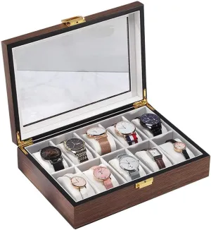 Elegant Large WoodenWatch Box Organizer for Men Women with 10 Slots, Transparent top, Portable Leather Watch Holder Mens Watches Case Storage Best Gift for The Husband, (29x 21 x 7cm)