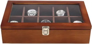 Elegant Wooden Watch Box Organizer for Men Women with 10 Slots, Transparent top, Portable Watch Holder Mens Watches Case Storage Best Gift for The Husband, (33x 20 x 8cm)