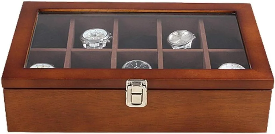 Elegant Wooden Watch Box Organizer for Men Women with 10 Slots, Transparent top, Portable Watch Holder Mens Watches Case Storage Best Gift for The Husband, (33x 20 x 8cm)