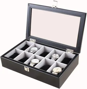 Elegant Wooden Watch Box Organizer for Men Women with 10 Slots, Transparent top, Portable Watch Holder Mens Watches Case Storage Best Gift for The Husband, (33x 20 x 8cm)
