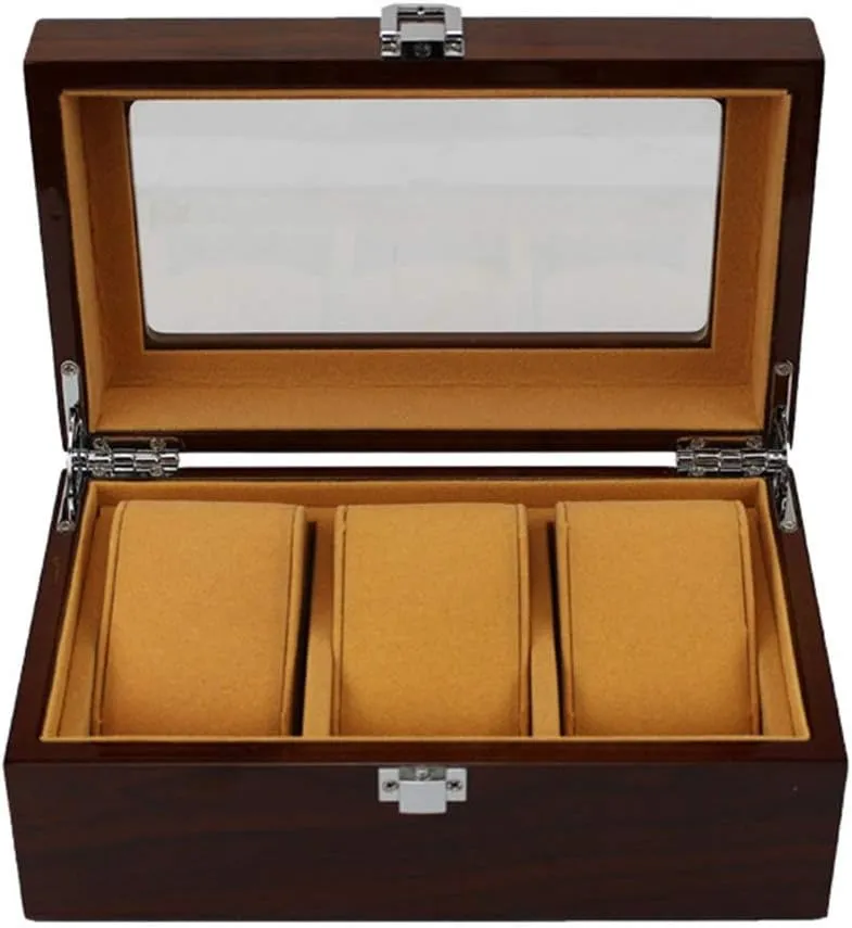 Elegant Wooden Watch Box Organizer for Men Women with 3 Slots, Transparent top, Portable Watch Holder Mens Watches Case Storage Best Gift for The Husband/Friend, 20x 12 x 8cm