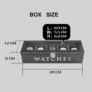 Elegant Wooden Watch Box Organizer for Men Women with 6 Slots, Transparent top, Portable Watch Holder Mens Watches Case Storage Best Gift for The Husband, (Black,34x 12 x 8cm)